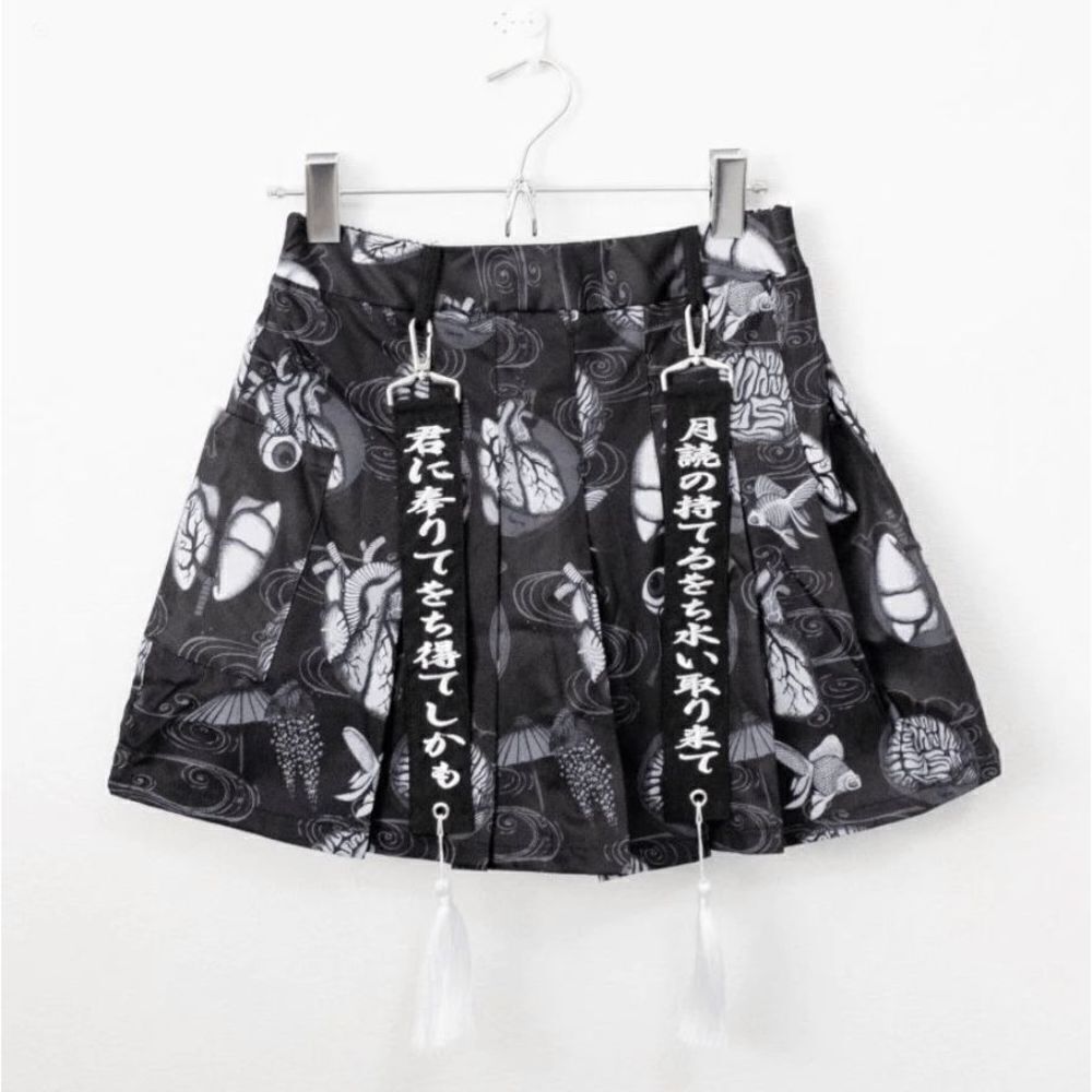 Junji Ito inspired Japanese black and white noir skirt with tassels